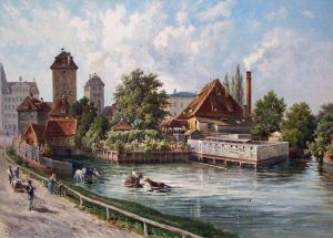  Die Nonnenmühle in Leipzig von Norden mit den beiden Wasserkünsten (links). Aquarell von Ernst Heyn um 1890.